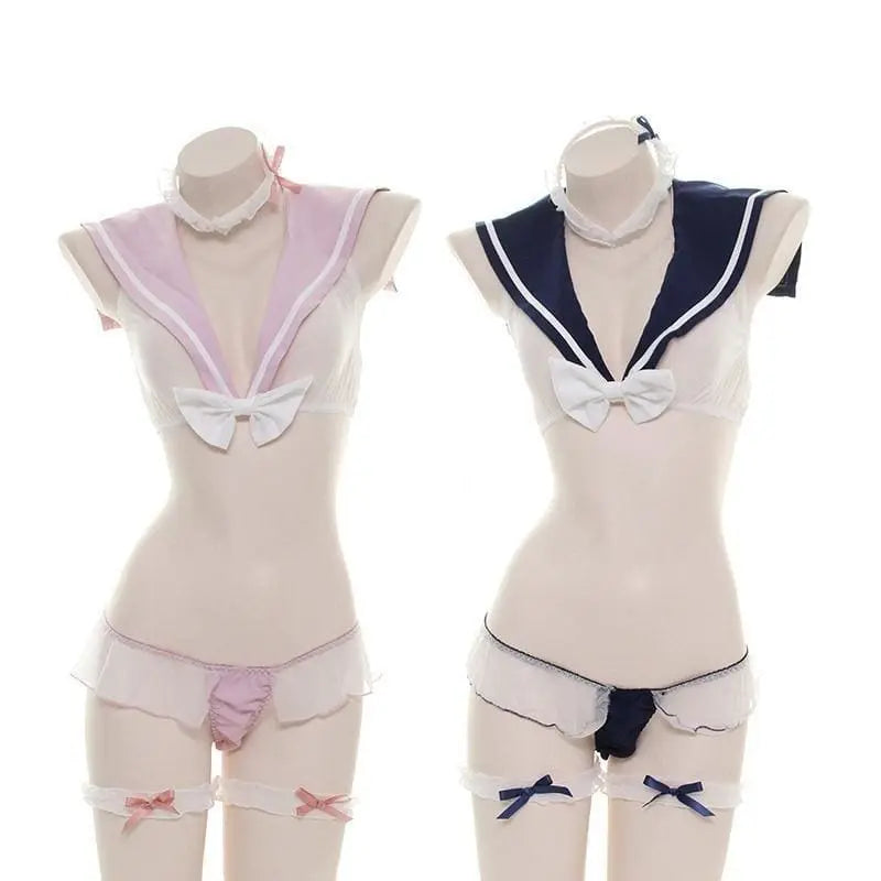 Ultrashort Transparent Mesh Sailor Suit Bow Bra Shorts Lingerie Set EG130 - Egirldoll
