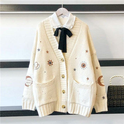 V-Neck Stars Moon Long Sweater Pink/Blue/White Cardigan EG16824 - Egirldoll