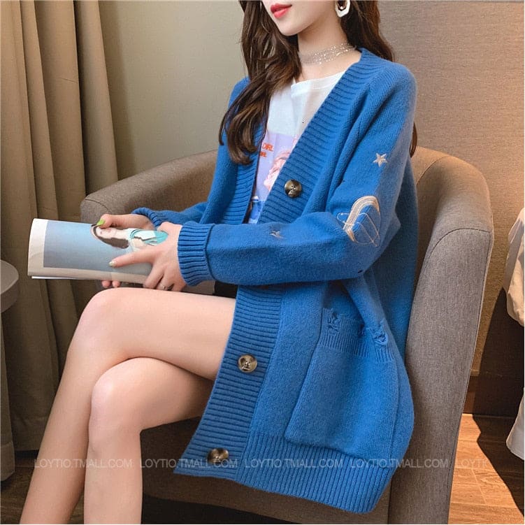 V-Neck Stars Moon Long Sweater Pink/Blue/White Cardigan EG16824 - Egirldoll