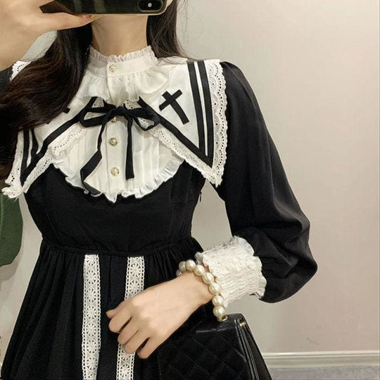Vintage Sailor Collar Ruffles Lace Black Elegant Dress EG16720 - Egirldoll