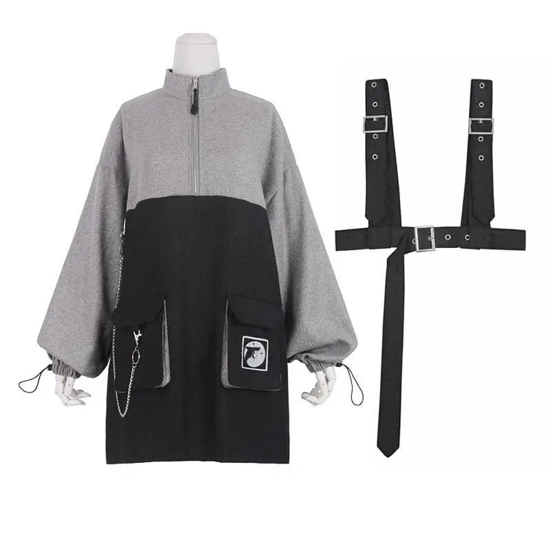 Whale Zipper Chain Pocket Sweatshirt Buckle Strap Dress EG15200 - Egirldoll