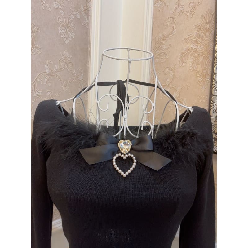 White Black Cute Top Blouse Fluffy Bow ON462 - top