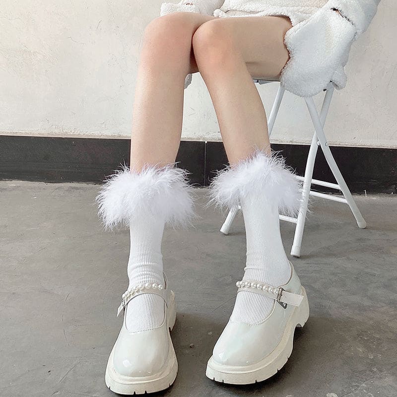 White Black Pure Color Feather Stockings ON349 - Egirldoll