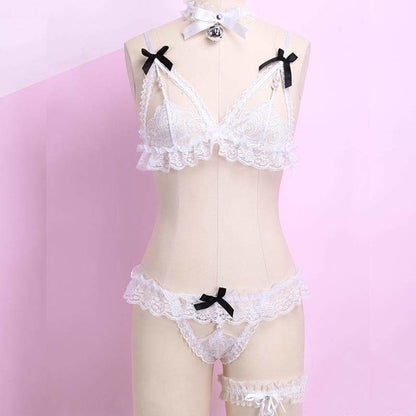 White Black Red Lace Pearl Ribbon Lingerie Set EG1812231 - Egirldoll