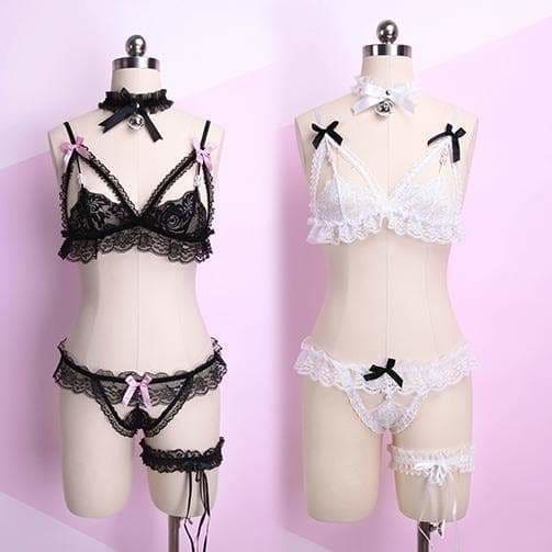 White Black Red Lace Pearl Ribbon Lingerie Set EG1812231 - Egirldoll