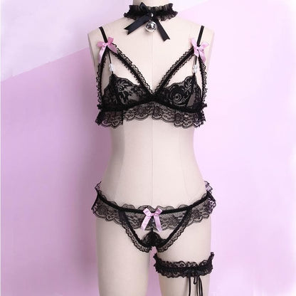 White Black Red Lace Pearl Ribbon Lingerie Set EG1812231 - Egirldoll