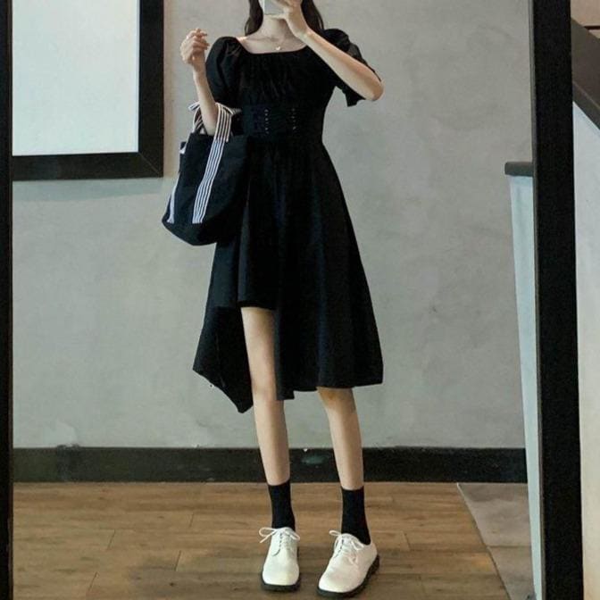 White/Black Puff Short Sleeves Irregular Long Dress EG16006 - Egirldoll