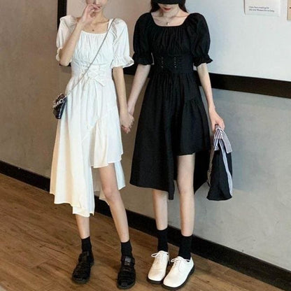 White/Black Puff Short Sleeves Irregular Long Dress EG16006 - Egirldoll