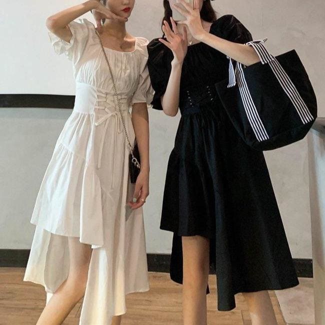 White/Black Puff Short Sleeves Irregular Long Dress EG16006 - Egirldoll