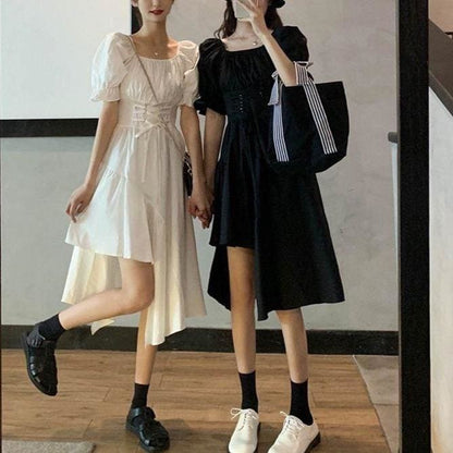 White/Black Puff Short Sleeves Irregular Long Dress EG16006 - Egirldoll