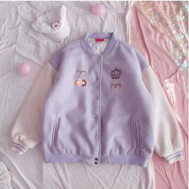 White/Purple Japanese Harajuku Baseball Sweet Short Coat BE440 - Egirldoll