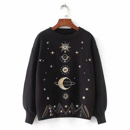 Winter Sweater Moon Star Embroidery Knitting Pullover BE114 - Egirldoll