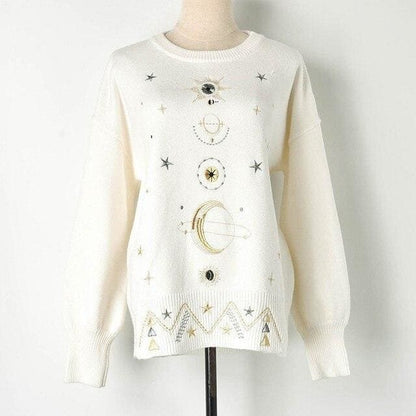 Winter Sweater Moon Star Embroidery Knitting Pullover BE114 - Egirldoll