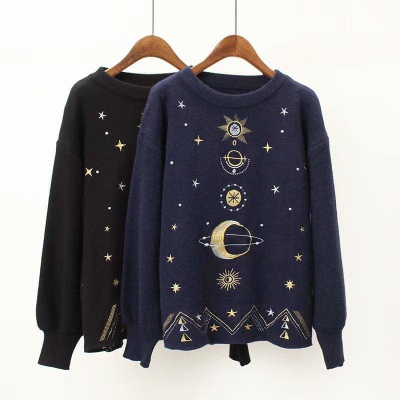 Winter Sweater Moon Star Embroidery Knitting Pullover BE114 - Egirldoll