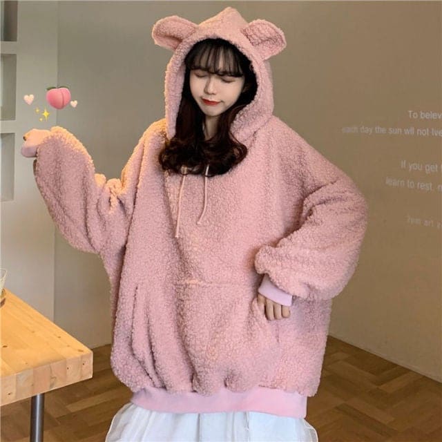 XL-4XL Plus Size Black/Pink Kawaii Bear Fluffy Hoodie EG16886 - Egirldoll