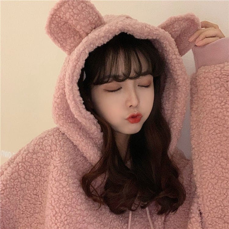 XL-4XL Plus Size Black/Pink Kawaii Bear Fluffy Hoodie EG16886 - Egirldoll
