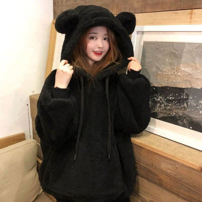 XL-4XL Plus Size Black/Pink Kawaii Bear Fluffy Hoodie EG16886 - Egirldoll