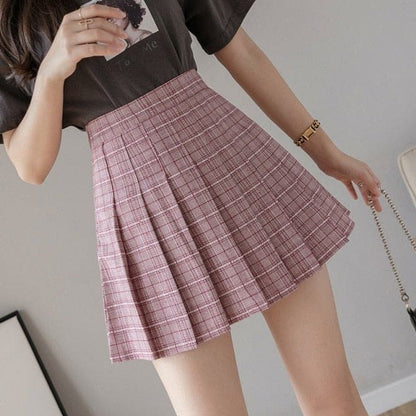 XS-3XL Plus Size Pleated High Waist A-line Plaid Skirt EG16825 - Egirldoll