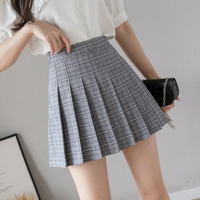 XS-3XL Plus Size Pleated High Waist A-line Plaid Skirt EG16825 - Egirldoll