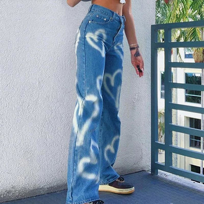 Y2k E-Girl Chic Heart Print Jeans - Egirldoll