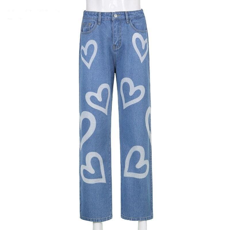 Y2k E-Girl Chic Heart Print Jeans - Egirldoll