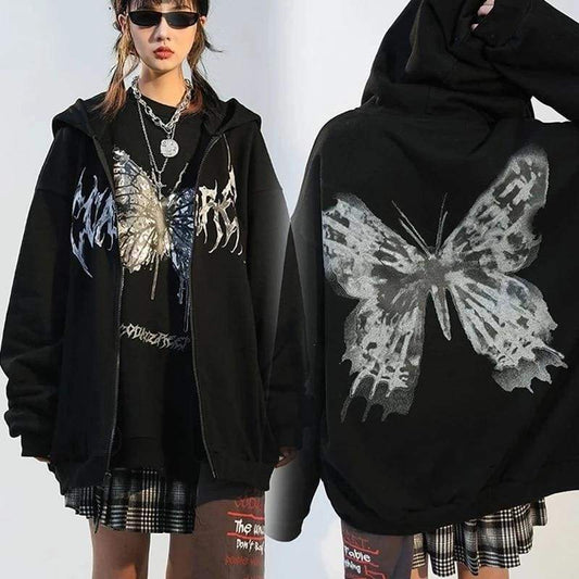 Y2K Gothic Butterfly Hoodie Punk Zip Up Harajuku Black Coat EG16685 - Egirldoll