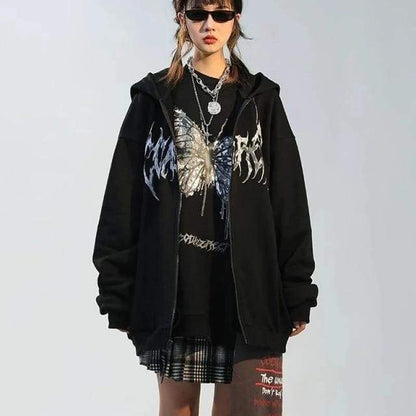 Y2K Gothic Butterfly Hoodie Punk Zip Up Harajuku Black Coat EG16685 - Egirldoll