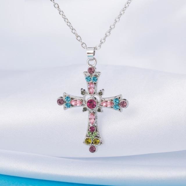 Y2K Gothic Pink Rhinestone Cross Vintage Collar Necklace EG17165 - Egirldoll