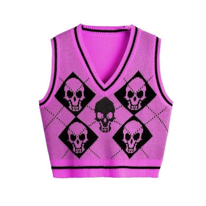 Y2K Gothic Skull Argyle Print Knitted V-neck Black Vest BE359 - Egirldoll