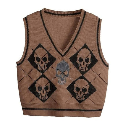 Y2K Gothic Skull Argyle Print Knitted V-neck Black Vest BE359 - Egirldoll