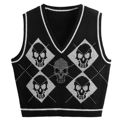 Y2K Gothic Skull Argyle Print Knitted V-neck Black Vest BE359 - Egirldoll