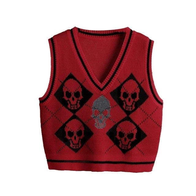 Y2K Gothic Skull Argyle Print Knitted V-neck Black Vest BE359 - Egirldoll