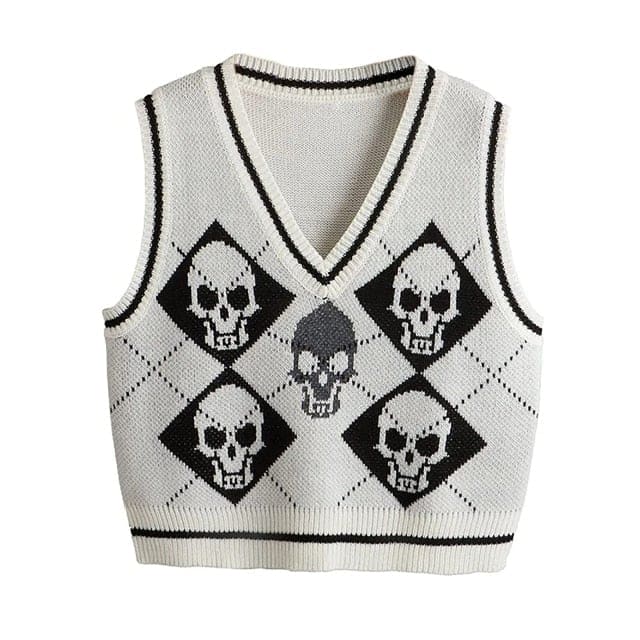 Y2K Gothic Skull Argyle Print Knitted V-neck Black Vest BE359 - Egirldoll