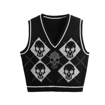 Y2K Gothic Skull Argyle Print Knitted V-neck Black Vest BE359 - Egirldoll