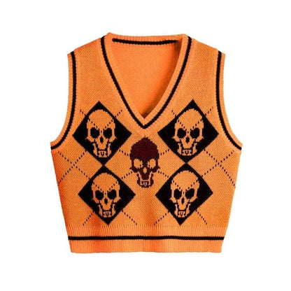 Y2K Gothic Skull Argyle Print Knitted V-neck Black Vest BE359 - Egirldoll