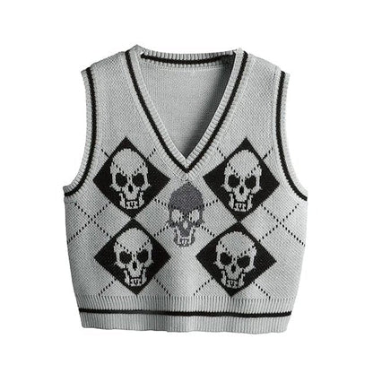 Y2K Gothic Skull Argyle Print Knitted V-neck Black Vest BE359 - Egirldoll