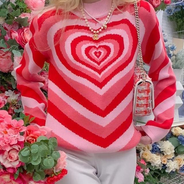 Y2K Heart Striped Sweet Pullover Elegant Round Neck Sweater BE206 - Egirldoll