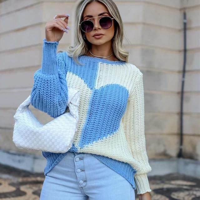 Y2K Heart Striped Sweet Pullover Elegant Round Neck Sweater BE206 - Egirldoll