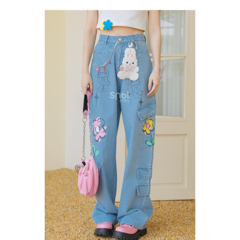 Y2K Style Denim Baggy Blue Bear Pants ON625 - jeans