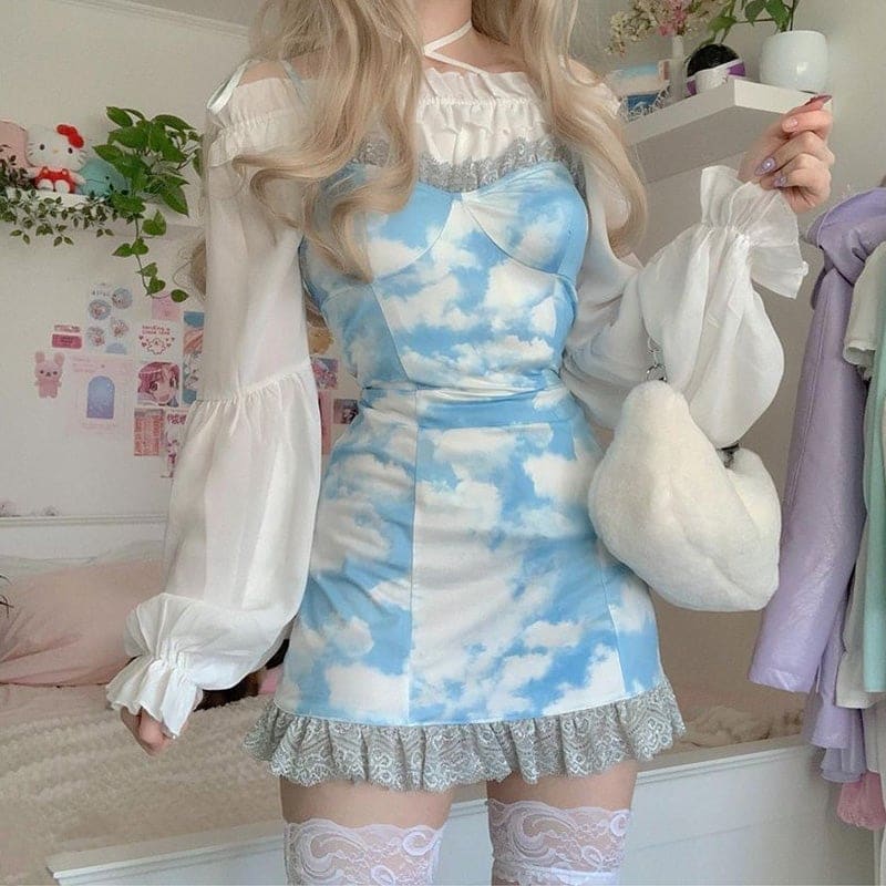 Y2K Sweet Cute Strap Bandage Ruffle Printing Dress EG17024 - Egirldoll